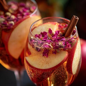 Peut inclure: Deux verres à pied remplis d'une boisson pétillante de couleur ambre. Chaque verre contient des tranches de pomme, des pétales de rose roses séchés et un bâton de cannelle. Les boissons sont garnies d'une fine couche de paillettes dorées.