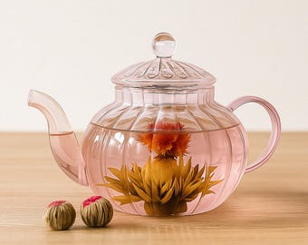 Pale Pink Glass Teapot 1000ml Ribbed Borosilicate Glass