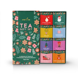 Puede incluir: Un juego de regalo de té con un diseño festivo. La caja presenta un fondo verde con ilustraciones navideñas. En el interior hay ocho sabores de té seleccionados individualmente, cada uno en un paquete colorido. Peso total 32g.