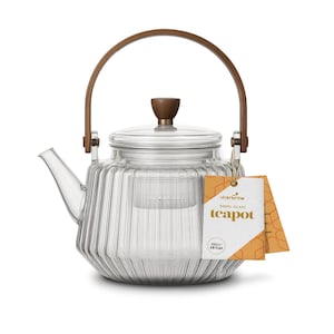 Striped Borosilicate Glass Teapot With Wooden Handle 900ml
