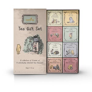May include: A Winnie the Pooh themed tea gift set with eight individually selected tea flavours. The set includes two boxes of tea, each containing four different flavours. The tea flavours are: Chamomile & Lemongrass, Chai Tea, Mulled Spice, English Breakfast, Earl Grey, Afternoon Tea, White Orange Spice, and Apple & Cinnamon.