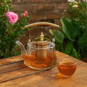 Clear Patterned Glass Teapot With Gold Lid & Handle 1000ml Borosilicate Glass