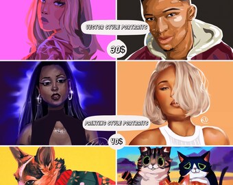 Puede incluir: Una lista de precios de comisiones de arte digital con ejemplos de retratos de estilo vectorial, retratos de estilo pintura y retratos de animales. Los precios son de 30 €, 40 € y 25 € respectivamente. El texto "COMMISSIONS" está en la parte superior de la imagen. El texto "Para más referencias, consulta mi portafolio deerkayla.myportfolio.com *Se pueden solicitar diferentes estilos de arte" está en la parte inferior de la imagen.
