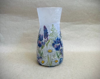 Daisy and iris vase, flower vase, decoupage gifts, blue decorations