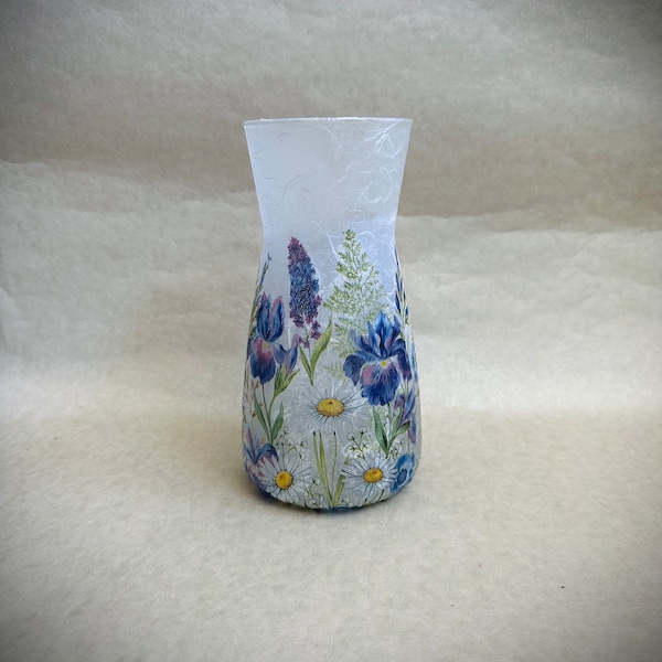 Daisy and iris vase, flower vase, decoupage gifts, blue decorations