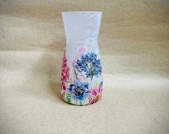 Floral vase, decoupage gifts, garden flowers, flower vase, pink and blue decor
