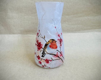 Robin vase, decoupage gifts, Robin bird gift, flower vase