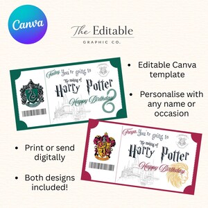 Puede incluir: Dos plantillas de entradas de cumpleaños con temática de Harry Potter. Una es verde con un escudo de Slytherin, la otra es burdeos con un escudo de Gryffindor. Ambas presentan el texto "Happy Birthday" y "The making of Harry Potter".