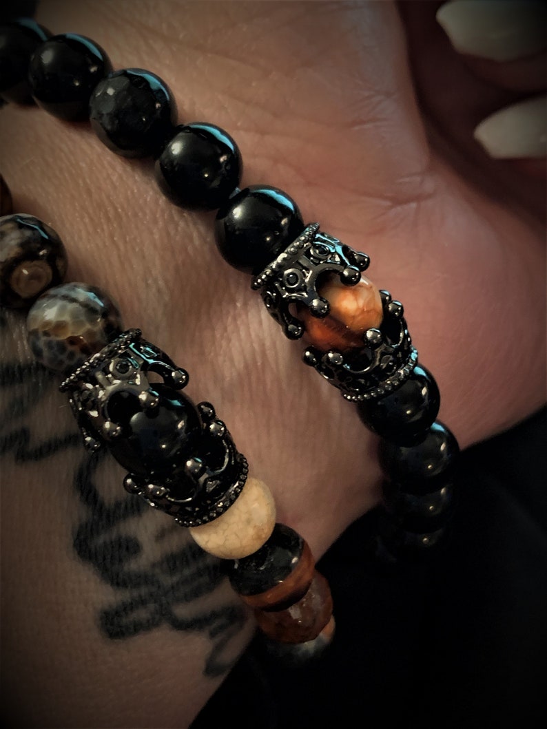 Twin Flame Bracelet Set Onyx and Dragons Fire Agate His & Her Etsy