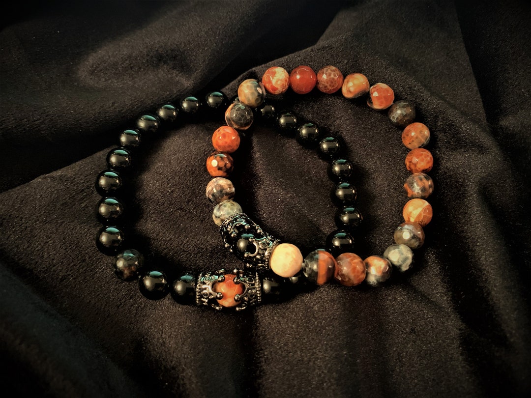 Twin Flame Bracelet Set Onyx and Dragons Fire Agate His & Her Set Etsy