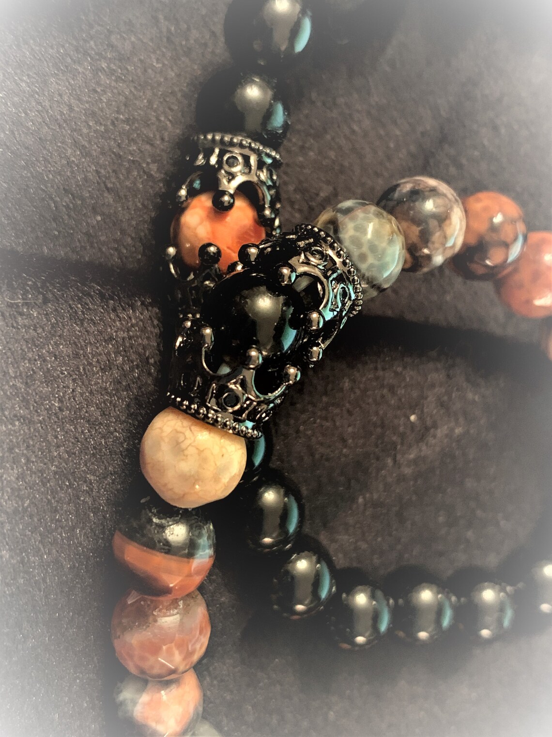Twin Flame Bracelet Set Onyx and Dragons Fire Agate His & Her Etsy