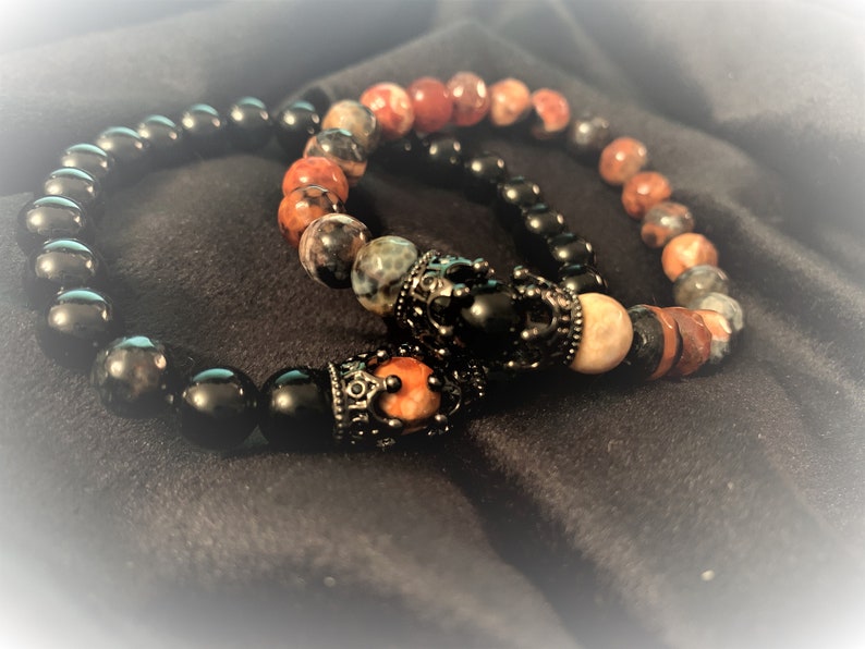 Twin Flame Bracelet Set Onyx and Dragons Fire Agate His & Her Etsy