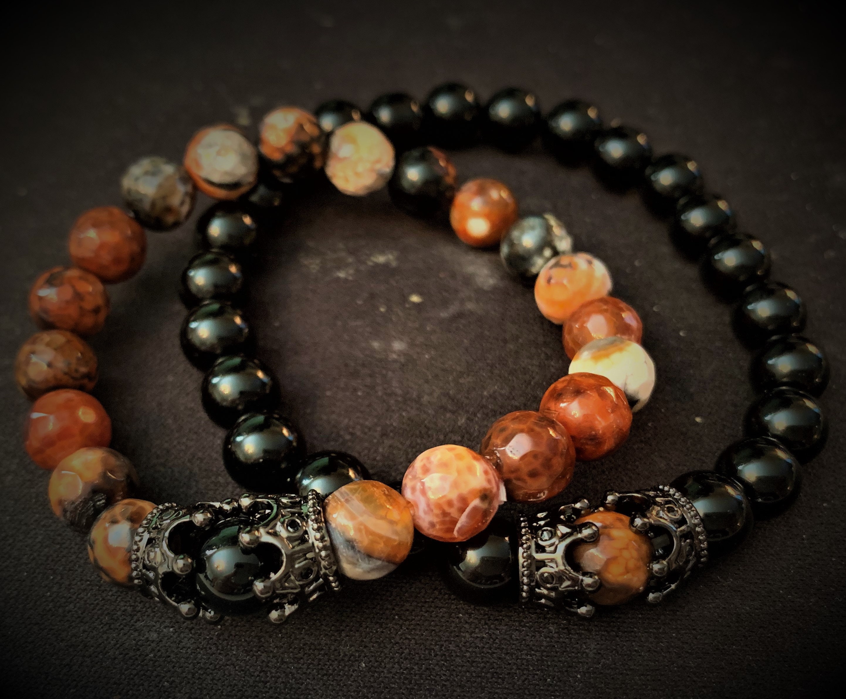 Twin Flame Bracelet Set Onyx and Dragons Fire Agate His & Her Etsy