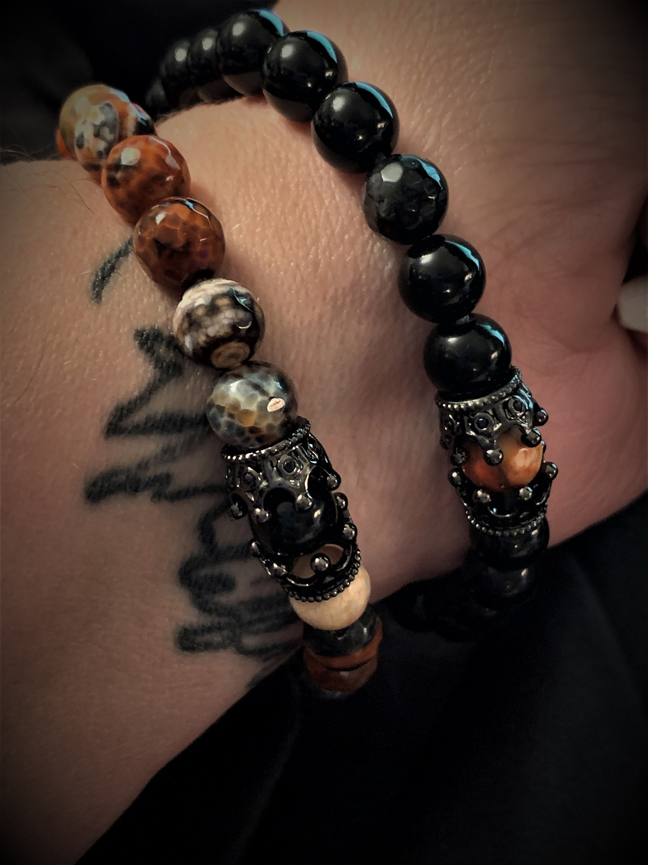 Twin Flame Bracelet Set Onyx and Dragons Fire Agate His & Her Etsy