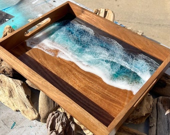 Ocean Resin Tray: Acacia Wood Coastal Serving Tray (16”x 12”)