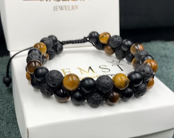 Bracciale regolabile con doppio occhio di tigre, pietra lavica e shungite | Gioielli da uomo | Regalo per marito, fidanzato, padre
