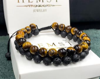 Tiger Eye Lava Stone Double Bracelet | Men Jewelry Adjustable Size | Gift for Husband Boyfriend Father | Handmade
