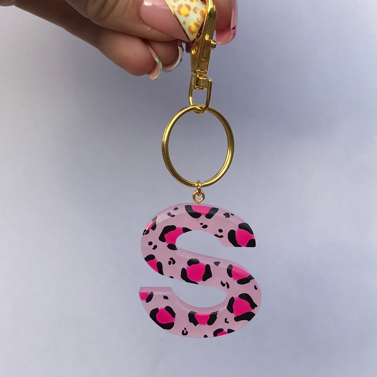 Handcrafted Pink Leopard Print Initial Keychain Keyring Etsy