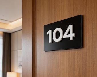 Custom Room Number Signs, Black Metal Door Number Plaque, White Acrylic Hotel Suite Office Apartment Signage Wall Decor