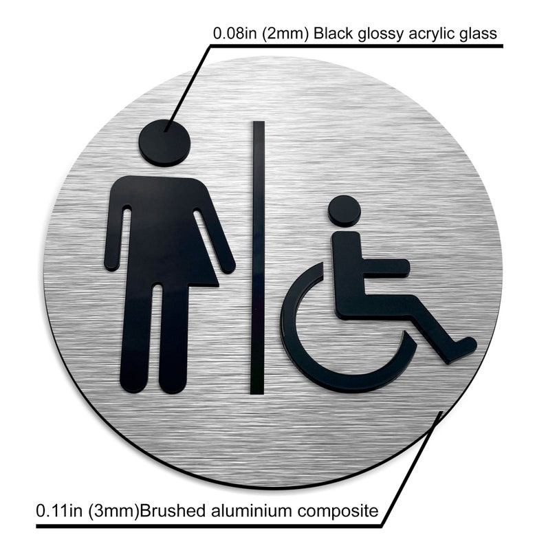 May include: A round, brushed aluminum sign with black glossy acrylic glass symbols. The sign features a gender-neutral restroom symbol and a wheelchair accessibility symbol. The sign measures 0.11 inches (3 mm) thick and 0.08 inches (2 mm) thick.