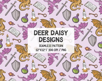 May include: A seamless pattern featuring dragons, swords, shields, books, keys, candles, and potion bottles in shades of gold, purple, and green on a light purple background. The text "DEER DAISY DESIGNS" is displayed.