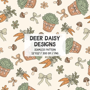 May include: Seamless pattern with a repeating design of carrots, potted plants, mushrooms, flowers, and bows in shades of orange, green, and beige. The text "DEER DAISY DESIGNS" is displayed on the image.