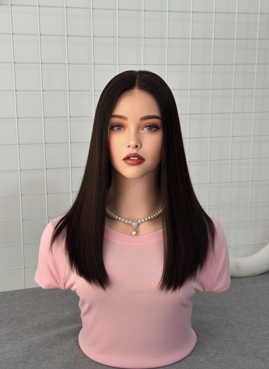 Natural Black Straight Human Hair Lace Front Wig, 100% Real Hair Glueless Wig for Women, Sleek Middle Part Shoulder Length Style