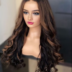 Dark brown Body Wave Highlight Lace Front Human Hair Wigs Pre Plucked With Natural Hairline Peruvian Remy Hair Lace Front Wigs For Women