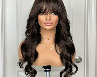 13*4 Human Hair Lace Front Wig With Bangs Hand-Dyed Natural Black/Dark Brown Deep Wave