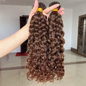 Punta de uña en U marrón rizado en extensiones de cabello humano cabello Remy brasileño punta prepegado en mechones de cabello 100 hebras/paquete para mujeres