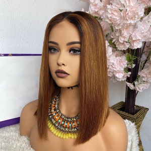 Ombre Brown Full Lace Wig Short Bob Wig Lace Front Wig Straight Glueless Transparent Pre Plucked Lace Frontal Brazilian Rmey Human Hair Wigs