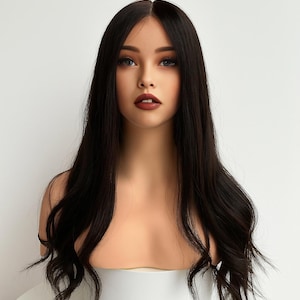 Long Natural Black Human Hair Lace Front Wig, Loose Wave Glueless 100% Real Human Hair Wig for Women, Middle Part Wig