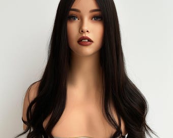 Long Natural Black Human Hair Lace Front Wig, Loose Wave Glueless 100% Real Human Hair Wig for Women, Middle Part Wig