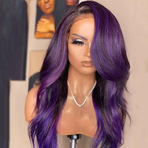 Ombre Lace Front Wig Highlight Colored Pre Plucked Human Hair Wigs Body Wave Purple Color Wigs Blached Knots Front Human Hair Wigs