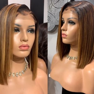 Highlight Wig Ombre Brown Honey Blonde Short Bob Wig HD Silk Top Lace Front Wig Colored Silk Base Straight Lace Frontal Human Hair Wigs
