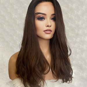 チョコレートブラウン ロングウェーブ ブラジル産レミー人毛 レースフロントウィッグ 女性用 透明レースウィッグ 事前抜毛済みヘアラインウィッグ フリーパーツ