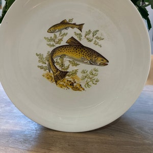 Op de afbeelding: Witte keramische plaat met een bruin en geel visontwerp. De vissen zwemmen in een groene en bruine wateromgeving.
