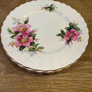 Puede incluir: Una pila de platos de cerámica blanca con borde festoneado y ribete dorado. Cada plato presenta un diseño floral rosa con hojas verdes. Los platos están apilados sobre una superficie de madera.