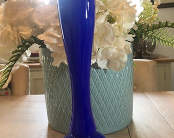 Tall - 13.75" x 6.75" Blue Stained Glass and Wood Vase Rustic Flower Vase 