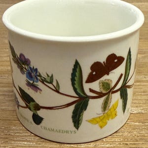 Puede incluir: Un recipiente cilíndrico de cerámica blanquecina con un diseño floral y de mariposas. El diseño incluye flores azules, hojas verdes y mariposas marrones y amarillas. El texto "Veronica Chamaedrys" está impreso en el lateral.