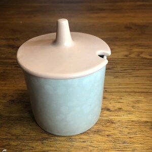 Poole pottery honey / mustard pot retro very stylish made from stone ware in blush pink and sea grey