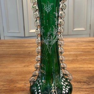 Emerald green antique glass vase with hand painted lily of the valley 1900