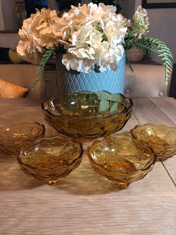 Buy Amber Pressed Glass Vintage Collectible Fruit Bowl and Four 