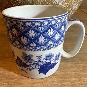 May include: A white ceramic mug with a blue and white floral pattern. The mug has a handle and a wide rim.