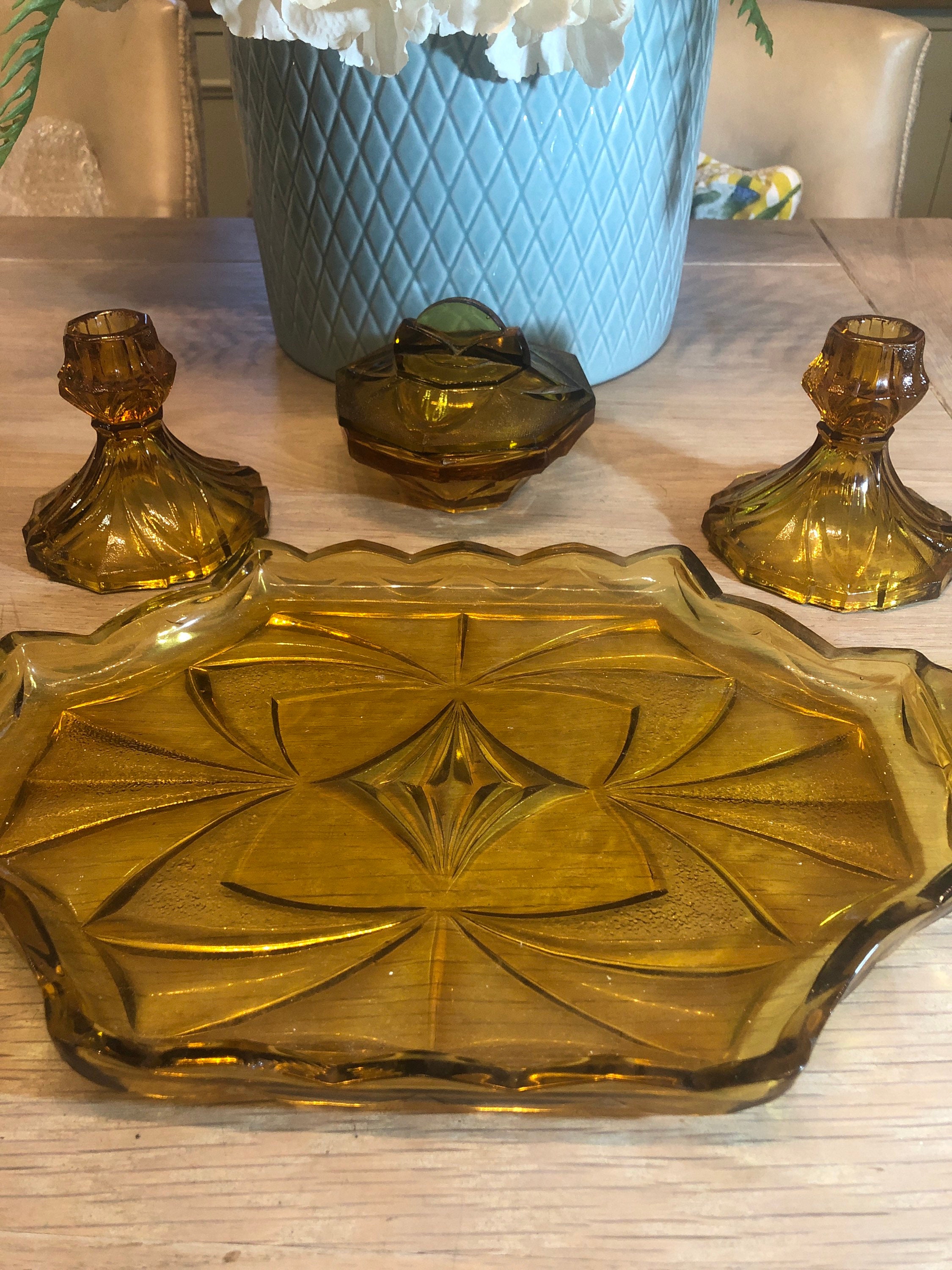 Sowerby’s Art Deco Amber Pressed Glass Dressing Table Set - Etsy