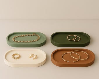 Handmade Concrete Tray Set of 4 – Oval Minimalist Jewelry/Vanity Trays | 7” x 3.75” x 0.75”