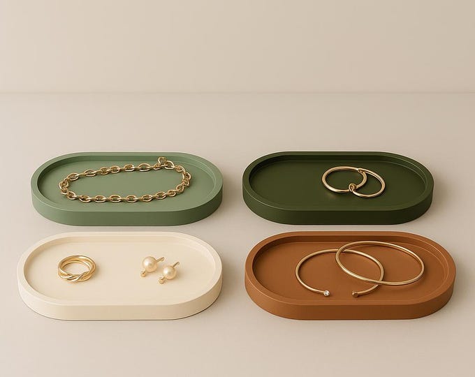 Handmade Concrete Tray Set of 4 – Oval Minimalist Jewelry/Vanity Trays | 7” x 3.75” x 0.75”