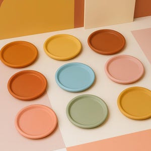 May include: Nine small, round, solid-colored ceramic coasters in shades of orange, yellow, blue, pink, and green. The coasters are arranged in a grid pattern against a backdrop of complementary colors.