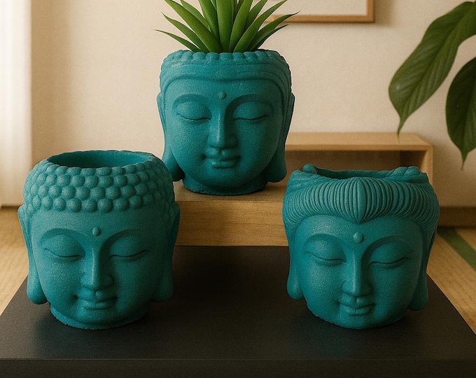 Handmade Concrete Buddha Head Planter Set: Minimalist Zen Decor