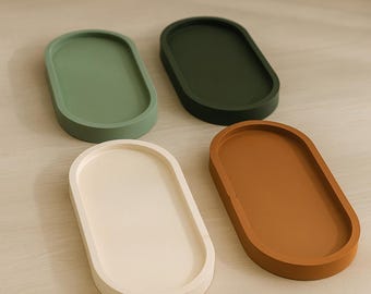 Decorative Tray Set of 4 – Handmade Concrete Minimalist Oval Trays in Earthy Tones | 7” x 3.75” x 0.75”